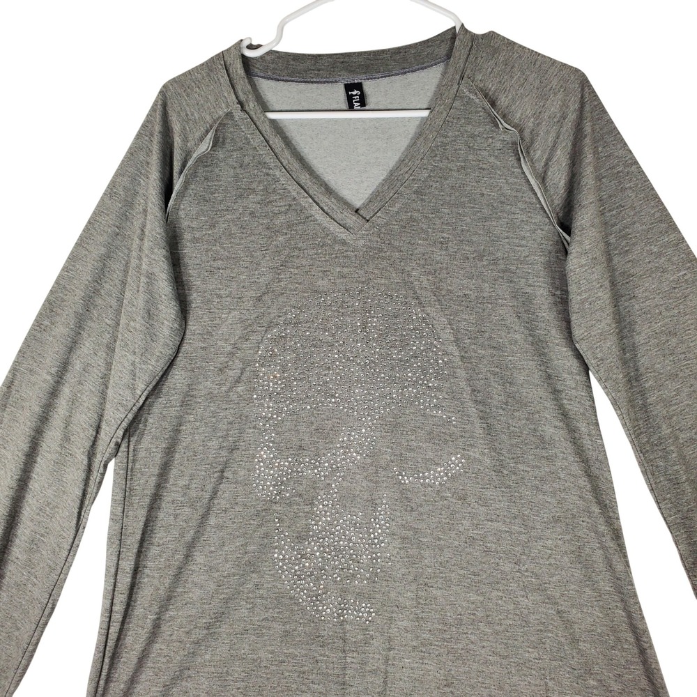 Flamingo Gray Rhinestone Skull V-Neck Long Sleeve Top Medium 211299